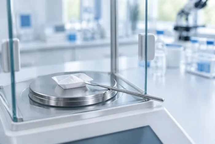 Analytical balance with weighing boat and spatula